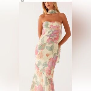 Peppermayo Strapless Floral Dress in Pink and Green